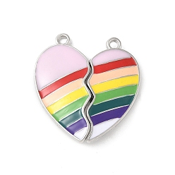 Платина Сплав разноцветные эмалевые разделенные подвески, радужные сердечки лучшие друзья талисманы, с магнитным, платина, 29.5x27x6 мм, отверстие : 1.8 мм