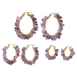 Amethyst 3 Pairs 3 Size Natural Amethyst Chips Hoop Earrings, 304 Stainless Steel Wire Wrap Earrings, 23~35x5~8.5mm, 1 Pair/size