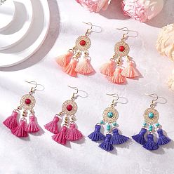 (52) Непрозрачная лаванда Плоские круглые 304 серьги-люстры из нержавеющей стали с кисточками из поликоттона, с латунными синтетическими бирюзовыми крашеными звеньями для люстры и латунными распорными бусинами, золотые, разноцветные, 74 мм, 3 пар / набор