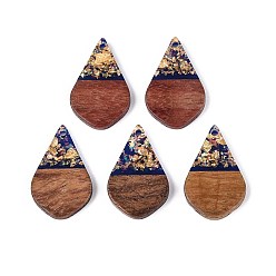 Темно-Синий Подвески из непрозрачной смолы и орехового дерева, слезинки, с блестящей пудрой и золотой фольгой, темно-синий, 28x17.5x3~3.5 мм, отверстие : 1.8~2 мм