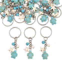 Medium Turquoise 20Pcs Turtle with Starfish Synthetic Turquoise Pendant Keychains, with Iron Ring, Medium Turquoise, 7.3cm