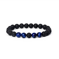Blue 8MM Round Dyed Natural Tiger Eye and Lava Rock Yoga Beaded Stretch Bracelets, Buddhist Prayer Bracelets, Blue, 7.09 inch(18cm)
