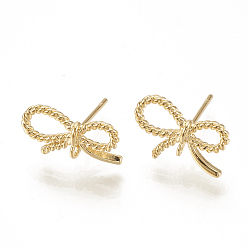 Real 18K Gold Plated Brass Stud Earrings, with Loop, Bowknot, Nickel Free, Real 18K Gold Plated, 14x9mm, Hole: 1mm, pin: 0.7mm
