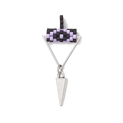 Сливовый Подвески-глаза из бисера в форме цилиндра, с подвесками из сплава в форме треугольника и 304 соединительным кольцом из нержавеющей стали, слива, 42x18.5x6.5 мм, отверстие : 2 мм