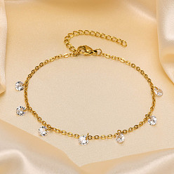 Прозрачный 304 цепочка из нержавеющей стали с плоскими круглыми подвесками из кубического циркония, плоско-круглые, золотые, прозрачные, 8-1/4 дюйм (210 мм)