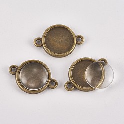 Античная Бронза Создание ссылок, с настройками разъема для кабошонов из сплава и прозрачными стеклянными кабошонами, плоско-круглые, античная бронза, настройка разъема: 21x15x3 мм, отверстие : 2 мм, лоток : 12 мм, стекло кабошон: 11.5~12x4 мм