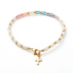 White Glass Seed Beaded Bracelet for Girl Women, Bracelet with Tiny Cross Charm, Golden, White, 7-1/2 inch(19cm)