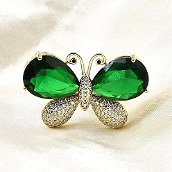 Зеленый Кольца для женщин с микропаве из кубического циркония и стекла, бабочка, долговечный, стойки покрытие, реальный 18 k позолоченный, зелёные, 23x37 мм, внутренний диаметр: 16.4 мм