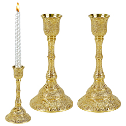Golden 2Pcs Zinc Alloy Candle Holders, Flat Round Pattern, Golden, 36.5~78.5x163mm, Inner Diameter: 25x34mm