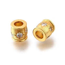 Настоящее золото 18K 925 бусины из стерлингового серебра с микропаве, прозрачные бусины из кубического циркония, колонка с солнцем, реальный 18 k позолоченный, 7x7 мм, отверстие : 3 мм