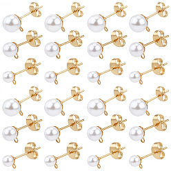 Золотой 304 Выводы серьги из нержавеющей стали шпилька, с имитацией жемчуга из смолы и фрикционными гайками-ушками, золотые, 17~20 мм, 3 стили, 20 шт / стиль, 60 шт