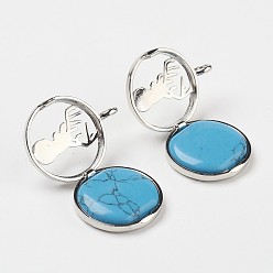 Synthetic Turquoise Synthetic Turquoise Pendants, with Brass Diffuser Locket Finding, Flat Round with Christmas Reindeer/Stag, 31x26x8mm, Hole: 4mm