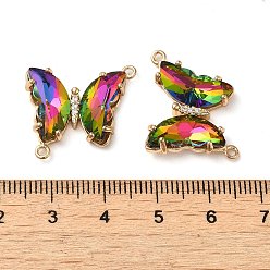 Colorful Brass Pave Faceted Glass Connector Charms, Golden Tone Butterfly Links, Colorful, 20x22x5mm, Hole: 1.2mm