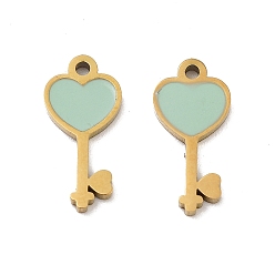 Темный Морско-зеленый Ионное покрытие (ip) 316 брелоки из нержавеющей стали с эмалью, сердце ключ очарование, реальный 18 k позолоченный, темно-зеленый, 14x7x1.5 мм, отверстие : 1 мм