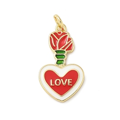Красный Латунь эмаль подвески, сердце со словом любовь очарование, с целью перехода в кольце, без свинца и без кадмия, долговечный, стойки покрытие, реальный 18 k позолоченный, красные, 23x13x2 мм, отверстие : 3.4 мм