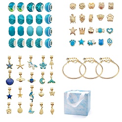 Темно-бирюзовый Набор для изготовления европейских браслетов своими руками, включая шарики из смолы и сплава с большими отверстиями, латунные браслеты, подвеска из сплава, единорог и черепаха и звезда и сердце и форма бабочки, темные бирюзовый, 63 шт / комплект