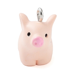 Свинья Непрозрачные подвески смолы, Подвески в виде животных с железными петлями с платиновым покрытием, свинья, 18x20.5x10.5 мм, отверстие : 2 мм