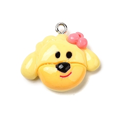 Шампанско-Желтый Непрозрачные подвески смолы, собака, с платиновым тоном железная петля, шампанское желтый, 21.5x24x8 мм, отверстие : 2 мм