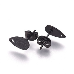 Electrophoresis Black 304 Stainless Steel Stud Earring Findings, Textured, Teardrop, Electrophoresis Black, 10x6x0.7mm, Hole: 1.2mm, Pin: 0.7mm