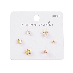 Золотой 6 серьги-гвоздики из латуни с прозрачным цирконием, шт., с 925 штырями стерлингового серебра, цветок, сердце, рождественский олень и круглый, золотые, 3~7x3~6.8 мм