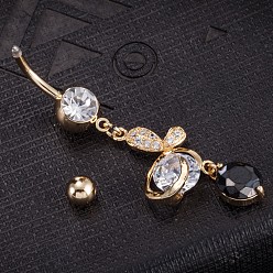 Schwarz Piercing-Schmuck, umweltfreundlicher Nabelring aus Zirkonoxid aus Messing, Bauchringe, mit 304 Edelstahlleiste, echt 18 k vergoldet, Schmetterling, Schwarz, 53x15 mm, Stangenlänge: 3/8"(10mm), Stange: 14 Spurweite(1.6mm)
