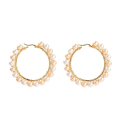 Разноцветный Серьги из 304 нержавеющей стали, гипоаллергенные серьги, с круглыми жемчужными бусинами из ракушек, Кольцевая форма, золотые, красочный, 60~61x64~65x8 мм, штифты : 0.6x1 мм