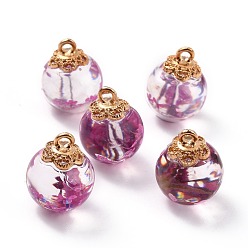 Purple Glass Dried Flower Big Pendants, with Alloy Findings, Round, Light Gold, Purple, 21x16mm, Hole: 2mm