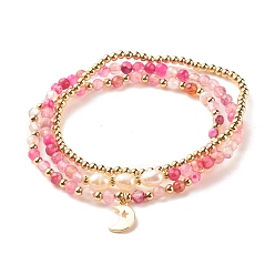 Ярко-Розовый 3 комплект браслетов из бисера с натуральным агатом и жемчугом, латунные браслеты с лунным шармом для женщин, ярко-розовый, внутренний диаметр: 2-1/8~2-1/4 дюйм (5.5~5.6 см)