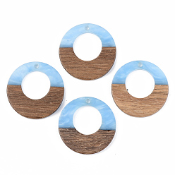 Cornflower Blue Opaque Resin & Walnut Wood Pendants, Ring, Cornflower Blue, 28x3mm, Hole: 2mm