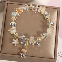 Beige Alloy Rhinestone Star Charm Glass Beaded Stretch Bracelets for Women, Golden, Beige, Inner Diameter: 2.36 inch(6cm)