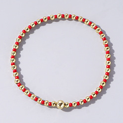 Красный Женские браслеты из круглых бусин в корейском стиле из стекла и латуни, красные, внутренний диаметр: 6-1/2 дюйм (16.5 см)