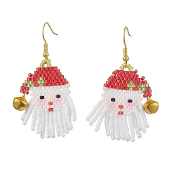Золотой Железа болтаться серьги, с семенным стаканом и колокольчиком, Дед Мороз, белые, золотые, 56x30 мм