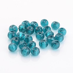 Teal Handmade Silver Foil Glass Beads, Round, Teal, 7.5~8.5mm, Hole: 1mm
