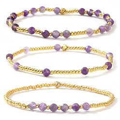 Аметист 3шт. 3 модели браслетов из натурального аметиста и латунных бусин, эластичные, для женщин, круглые, золотые, 6.89 дюйм (17.5 см)