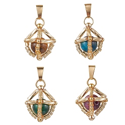 (52) Непрозрачная лаванда Подвески из натурального тигрового глаза и стеклянных бусин ручной работы круглой формы, с кнопкой на поруки, золотые, смешанные окрашенные и неокрашенные, разноцветные, 17.5x15x15 мм, отверстие : 5.5x2.5 мм