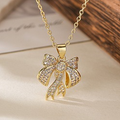 Настоящее золото 18K Латунная микро-паве, прозрачная цепочка с кубическим цирконием, подвеска-цепочка с бантом, ожерелья для женщин, реальный 18 k позолоченный, 17.95 дюйм (456 мм)