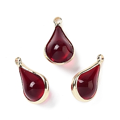 Темно-Красный Латунь стекло кулоны, золотые, слеза, темно-красный, 18x10x8 мм, отверстие : 1.8 мм