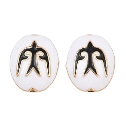 Black Brass Enamel Beads, Oval with Bird Pattern, Real 18K Gold Plated, Black, 18x15x7.5mm, Hole: 1.8mm