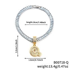 Letter Q Модные латунные браслеты с подвесками из прозрачных кубических цирконий с микропаве, теннисные браслеты со стразами для женщин, буквы, Буква Q, 7-1/2 дюйм (19 см)