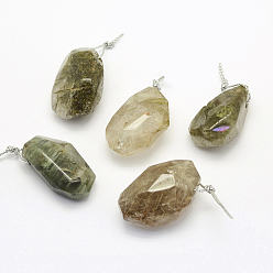 Rutilated Quartz Natural Green Rutilated Quartz Pendants, Oval, Faceted, 34~37x20~27x13~14mm, Hole: 2mm