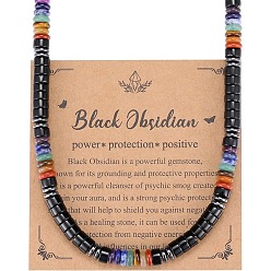 Obsidienne Colliers de perles heishi en obsidienne naturelle chakra, bijoux ethniques aux couleurs de l'arc-en-ciel, platine, 19.69 pouce (50 cm)