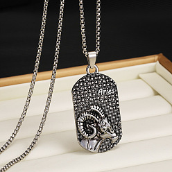 Овен 201 Овальные подвески из нержавеющей стали с выгравированными созвездиями для мужчин, античное серебро, Овен, 23.62~27.56 дюйм (60~70 см)