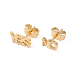 Golden 304 Stainless Steel Word YES & NO Asymmetrical Earrings, Stud Earrings for Men Women, Golden, 4x7~9.5mm, Pin: 0.8mm