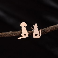 Розовое Золото Серьги-гвоздики в виде животных из нержавеющей стали для женщин, форма кошки, слева и справа, розовое золото , 60x40 мм