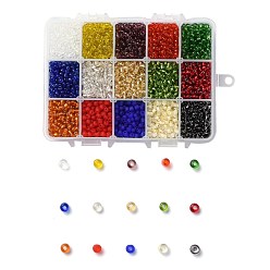 Gemischte Farbe 375g 15 Farben Glas Rocailles, transparenten Farben, Runde, Gemischte Farbe, 6/0, 4~5x2.5~4.5 mm, Bohrung: 1.2~1.5 mm, 25 g / Farbe