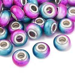 Темная Орхидея Двухцветные непрозрачные европейские бусины-рондель из смолы, с двойных ядер серебрянного цвета, бусины с большим отверстием, темные орхидеи, 14x8.5 мм, отверстие : 5 мм