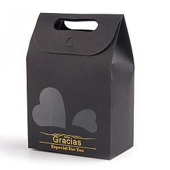 Black Rectangle Paper Bags with Handle and Clear Heart Shape Display Window, for Bakery, Cookie, Candies, Gift Bag, Black, 6x10x15.4cm