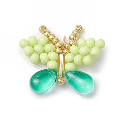 Светло-зеленый Подвески-бабочки из стеклянного бисера ручной работы, с 304 кольцами из нержавеющей стали и стеклом, светло-зеленый, 19~20.5x21~23.5x5 мм, отверстие : 3 мм