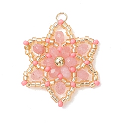 Pink Подвески из натурального малазийского нефрита, украшенные стеклянным бисером и окрашенные., цветочный шарм, с открытыми пружинными кольцами из нержавеющей стали 304, реальный 18 k позолоченный, розовые, 29.5~30x26~27x4 мм, отверстие : 3 мм