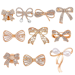 Золотой 10 шт. 10 стили броши в форме банта из сплава АБС-пластика с жемчугом и стразами для рюкзака и одежды, золотые, 14.5~32x16.5~33.5 мм, 1 шт / стиль